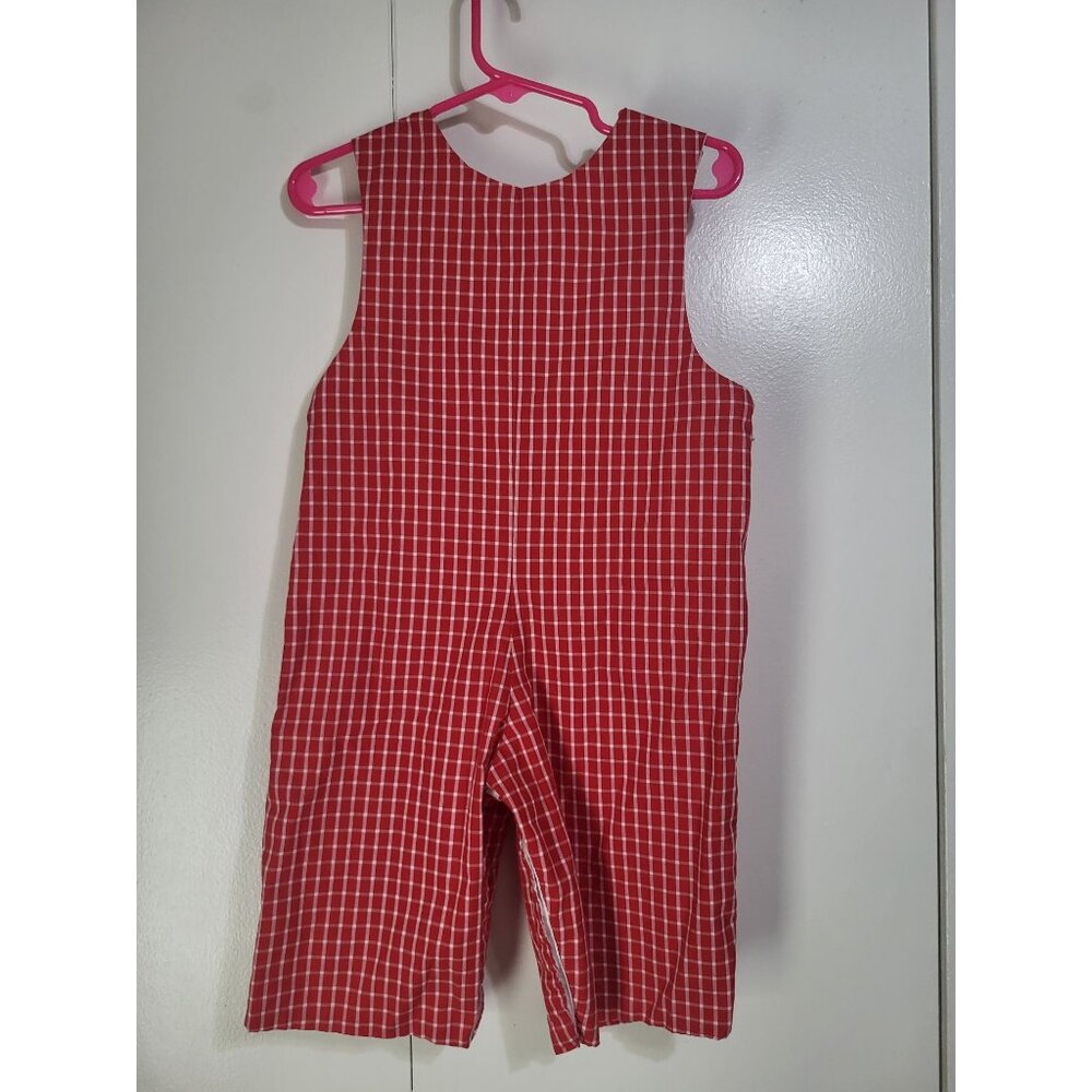 VTG 12M Red Checkered Christmas Tree Smocked Jon Jon Romper One Piece Preppy - Picture 2 of 8